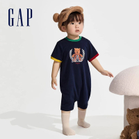 【GAP】嬰兒裝 Logo小熊印花圓領短袖包屁衣/連身衣-海軍藍(890354)