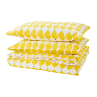 NORSKNOPPA 被套附2個枕頭套, 白/黃色/具圖案, 200x200/50x80 公分
