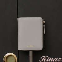 KINAZ 牛皮L型拉鍊零錢袋直式對折短夾-太空灰-馬賽克系列
