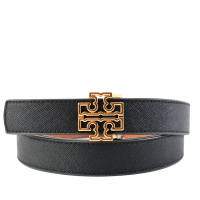 【TORY BURCH】金屬鏤空LOGO防刮雙面用窄版皮帶-黑/焦糖色
