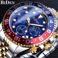 BIDEN Bule Red Men Quartz Watch Stainless Steel Waterproof Miliatry Sport Chronograph Wrist Watch Top Brand Luxury Date Clock