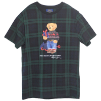 Polo Ralph Lauren 經典品牌Polo Bear 圖騰格紋全棉薄款圓領短袖T恤上衣(綠格紋)