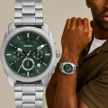 FOSSIL FS6079 Machine 重裝計時手錶 - 銀色不鏽鋼鍊帶，綠面42mm