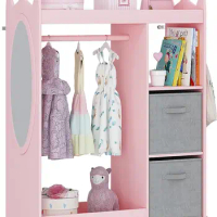 UTEX Kids Armoire Wardrobe Closet with Mirror and Storage Bin, Pink, 33.4 in W x 15.75 in D x 44.5 in H