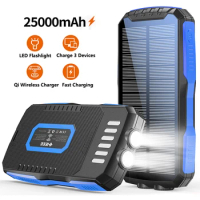 25000mAh Portable Solar Power Bank Qi Wireless Charger Powerbank for iPhone 13 Samsung S22 Xiaomi Poverbank with LED Flashlight