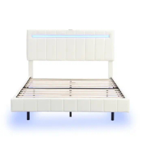 Floating Bed,Youth Bed,Unique Queen Size Frame With LED Lights And USB Charging,White Upholstered LED Bed Suitable For Bedroom