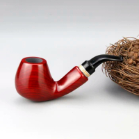 Classic Red Sandal Wood Pipe 9mm Filter Smoking Pipe Handmade Wooden Tobacco Pipe Metal Ring Smoke Pipe