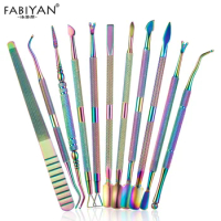 11Pcs Rainbow Nail Art Files Cuticle Pusher Triangle UV Gel Polish Pedicure Manicure Care Groove Clean Tools Stainless Steel