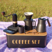 Luxury Pour Over Coffee Maker Set with Dripper Server Coffee Kettle Manual Grinder Filter Paper Metal Box for Outdoor Camping