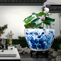 景德鎮陶瓷魚缸裝飾擺件大型青花瓷家用睡蓮碗蓮戶外庭院落地裝飾