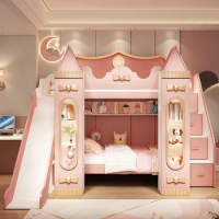 Bunk bed Children's bed Girl Princess Castle bed with bookcase Bunk bed High and low bed slide bed