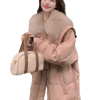 Loose Fur Collar Shawl White Duck down Jacket Female Winter Long Overknee Coat