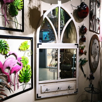 美式仿真木質假窗戶裝飾壁掛創意玻璃鏡客廳墻上掛件復古道具飾品