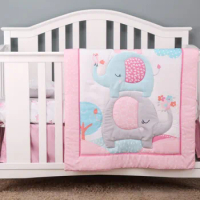 3 pcs Baby Crib Bedding Set for Girls flower elephant hot sale including quilt, crib sheet, crib skirt