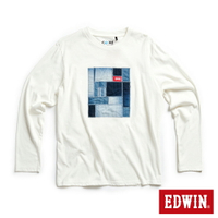 EDWIN 再生系列 牛仔拼接LOGO長袖T恤-男款 白色 #暖身慶