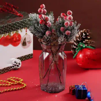 10Pcs Mini Artificial Pine Needle Simulation Christmas Snowflake Holly Berry Plant Gift Box Decoration Xmas Wedding DIY Wreath