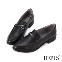 【HERLS】樂福鞋-全真皮一字釦尖頭粗跟樂福鞋(黑色)