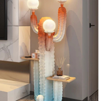 Light luxury cactus floor lamp integrated bedside table children's room creative corner table storage shelf