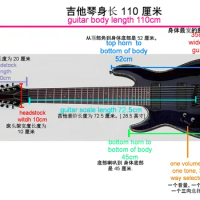 Custom-made 9-string left-handed guitar with black body and neck.