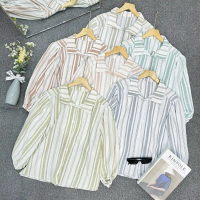 Kemeja Salur Blouse Salur Linen Yandet Premium Lengan Balon ( Atasan wanita, kemeja kerja) Karet Ker