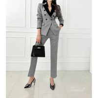 Tesco French Women's Elegant Suit Sets Double Breasted Patchwork Blazer 2 Piece Gray Slim Fit Pant Sets Office Casual Outfits