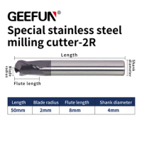 GEEFUN R2mm / Length 50mm Carbide End Mill Ball Nose End Mill for Carving Metal Stainless Steel