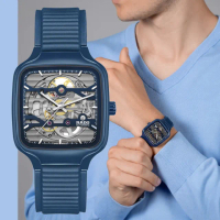 【Rado 雷達表】True Square 真我 高科技陶瓷方形鏤空 雙層錶盤機械腕錶-藍 膠帶 R05(R27178205)