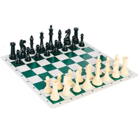 Tournament Chess Set 90% Plastic Filled Chess Pieces and Green Roll-up Vinyl Chess Board Board Game