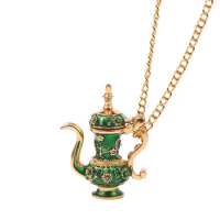 New Hot Green Teapot Necklace Can Open Tea Pot Cup Necklace Elegant Enamel Teapot Necklace Charm Creative Jewelry Women Gift
