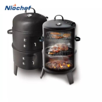BBQ Grill Round Charcoal Stove Outdoor Bacon Portable 3 in 1 Barbecue Grills Double Deck Smoker Oven Camping Picnic Cooking Tool