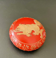日本回流明治大正時期老剔紅香盒  雕漆首飾盒  大漆堆朱雕獅