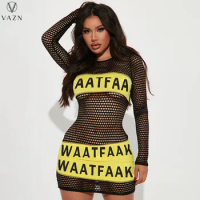 VAZN 2022 New Luxury Designe Young Sexy Club See Through Lace Letter Round Neck Full Sleeve Women High Waist Short Pencil Dress