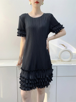 L-951F# One Size (45-75kg) WomenS Midi Round Neck Cake Solid Color Thin Summer Pleated Dress