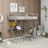 Two Colors Steel Twin Loft Bed with Desk, Loft Bed with Ladder and Full-Length Guardrails, X-Shaped Frame Bedroom Furniture
