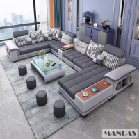 Big U-Shape Coth Living Room Sofa Sets with USB, Speaker, Stools, Bluetooth - MANBAS Fabric Sectional Sofas for Home Furniture
