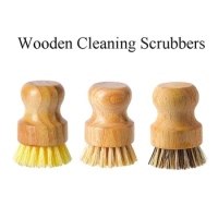 Wooden Cleaning Scrubbers for Washing Cast Iron Pan/Pot Natural Sisal Bristles Bamboo Round Mini Scrub Brush Palm Pot Brushes