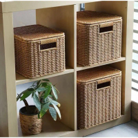 Handmade Rattan Basket Wicker Laundry Basket with Lid Portable Rattan Basket Toy Clothes Organizer H