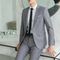 Fashion Men Suit Ankle Length Anti-pilling Business Casual Blazer Pants Two-piece Set Washable Formal Suit for Banquet