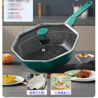 家用麥飯石不粘鍋八角炒菜鍋【抗菌】加厚帶蓋【耐磨耐用】綠】【規格：34CM】 