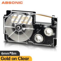 Gold on Clear Printer Ribbon 6mm XR-6XG for Casio Label Tape XR-6XG 1/4" Compatible for Casio KL-780 KL-130 Label Maker Printer