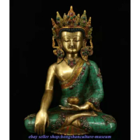14 "Old Tibet Buddhism Bronze inlay Turquoise Gem Shakyamuni Buddha Statue