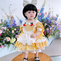 Váy loli sọc caro vàng chất thô cotton cho bé từ 9kg đến 27kg lót lụa mềm mại kèm kẹp và quần chip t
