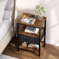 Bedside Table with Charging Station with Adjustable Fabric Drawers, 3-tier Storage Coffee Table for Living Room, Bedroom