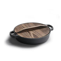 35cm Cast Iron Frying Pan with Wooden Cover Pancake Pan Uncoated Pan Frying Pan Induction Cooker Universal Cookware