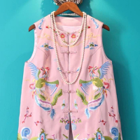Benefits! Phoenix Embroidery Vintage National Style Vest Buckle Mid-Length Pink Imitation Acetate New Chinese