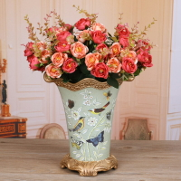 TQJ歐式仿真花套裝田園家居飾品陶瓷彩繪大花瓶絹花客廳裝飾花藝