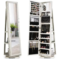 360° Swivel Jewelry Armoire with Higher Full Length Inside Makeup Mirror, Standing Lockable Cabinet Organizer, Large Capacity