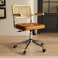全城熱賣 - 中古藤編電腦椅子靠背家用學習椅可旋轉升降辦公椅舒適久坐書桌椅原木色靠背+棕色坐墊+扶手【原木靠背 升降旋轉】鋼制腳固定扶手