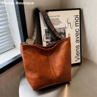 MOODS Retro Bucket Shoulder Bags For Women Soft PU Leather Solid Color Large Capacity Shopping Tote 2023 Designer Luxury Bag Sac