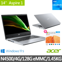 【Acer】微軟M365組★14吋N4500文書筆電(Aspire 1/N4500/4G/128G eMMC/W11S/A114-33-C53V)